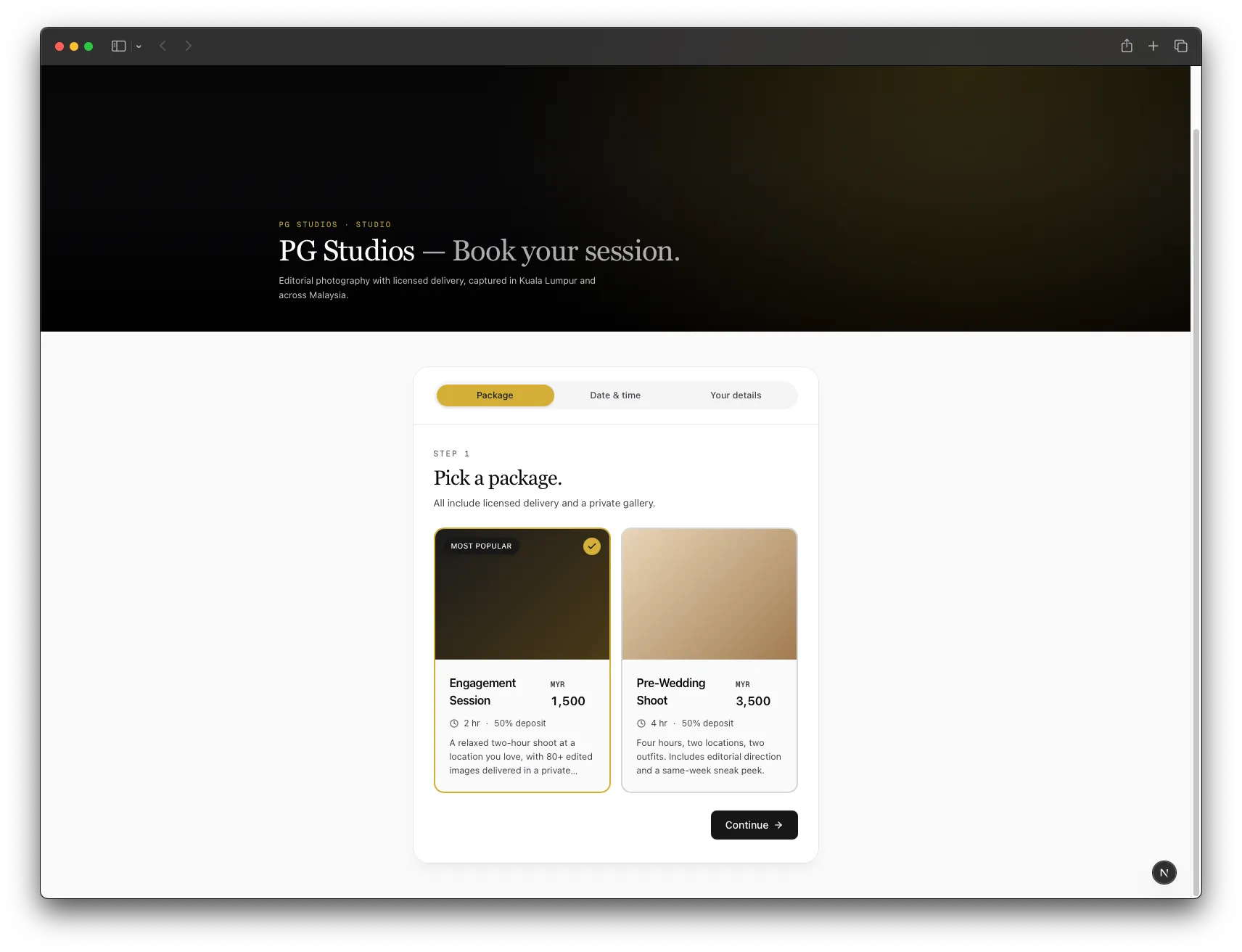 Public booking page showing package selection.
