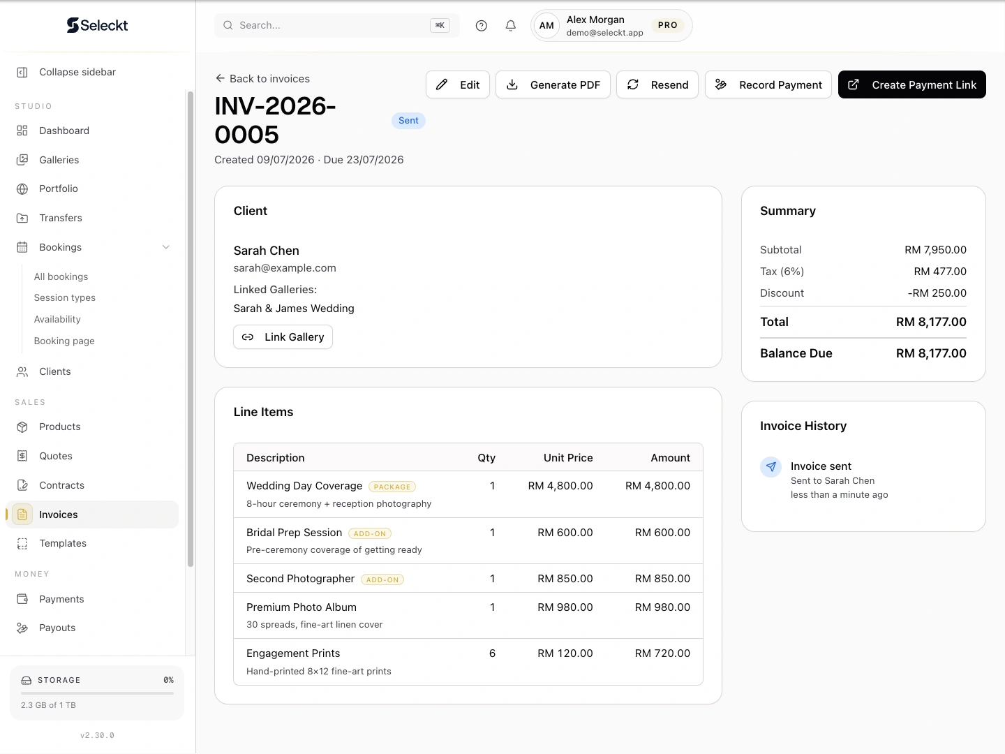 Invoice editor with line items, totals, and the Send button.